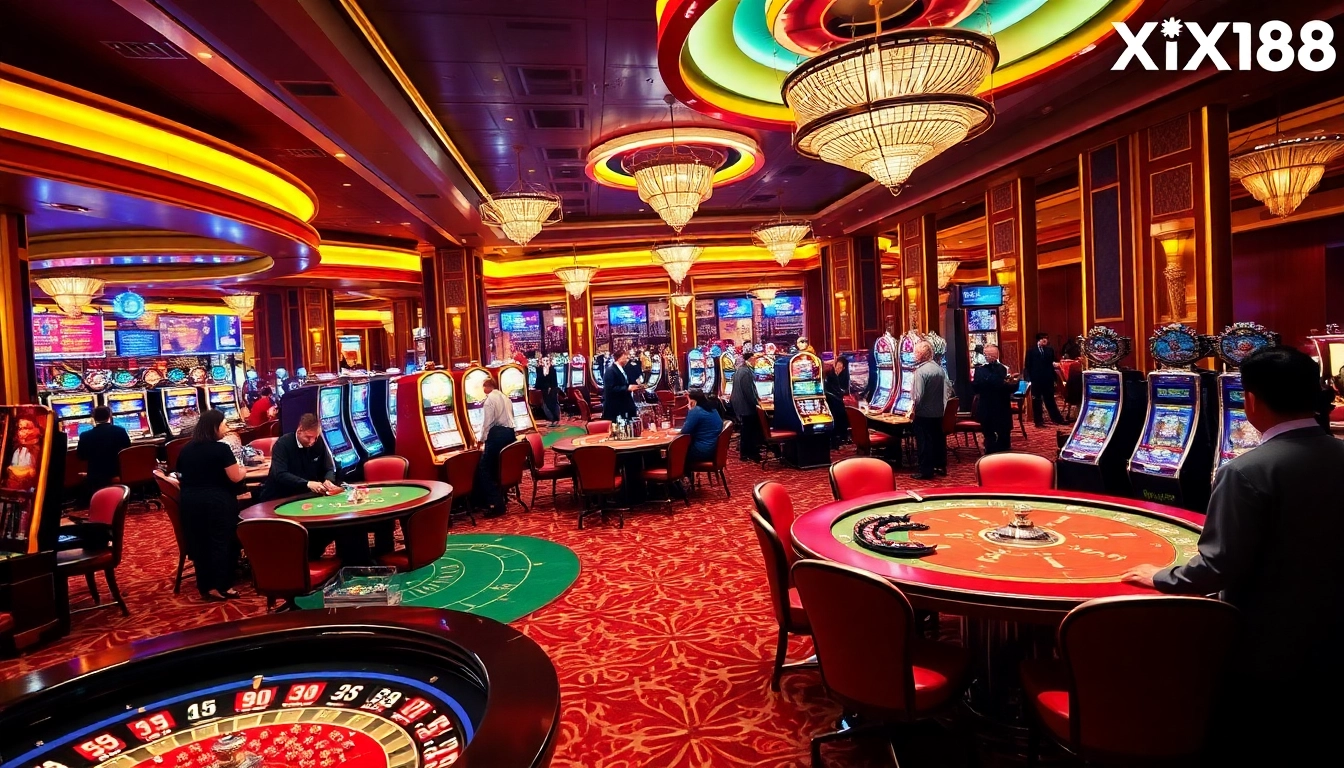 XIN88 players experience thrilling casino games in a luxurious setting filled with vibrant colors and excitement.