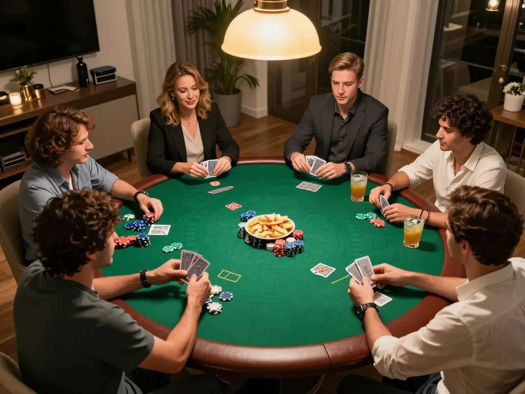 Friends enjoying a poker night at home while playing with CK444 casino gaming, vibrant table, strategic gameplay.