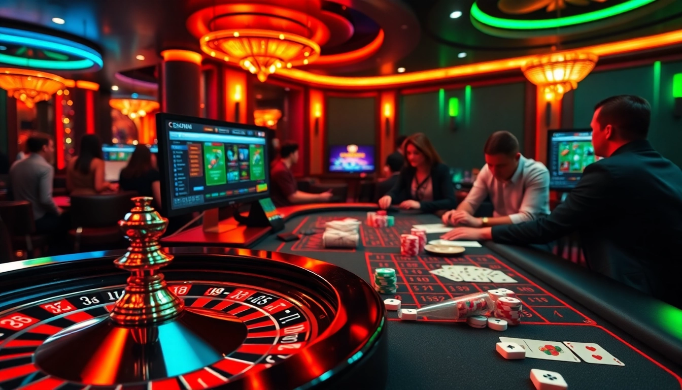 Daga casino scene with a vibrant roulette wheel, poker table, and engaged players.