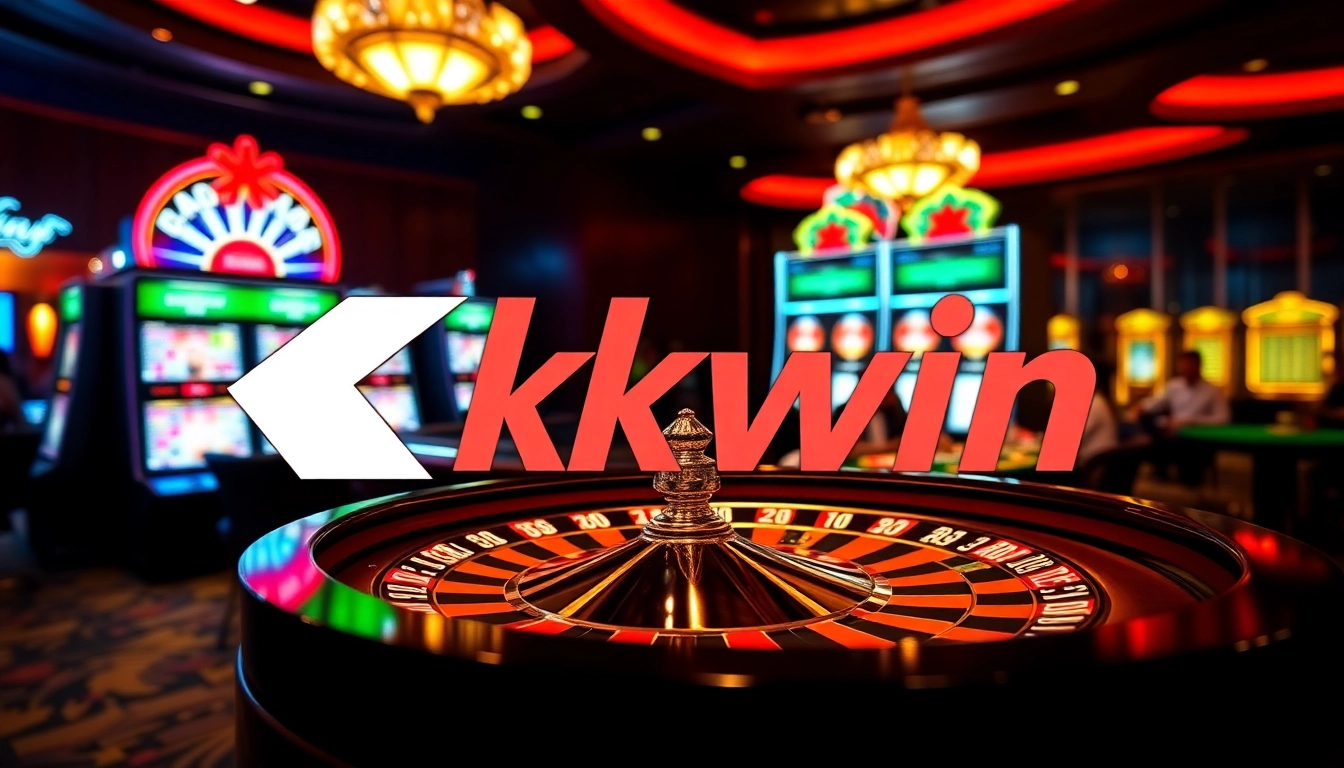 Kkwin logo prominent in an elegant casino scene with roulette, poker table, and vibrant slot machines.