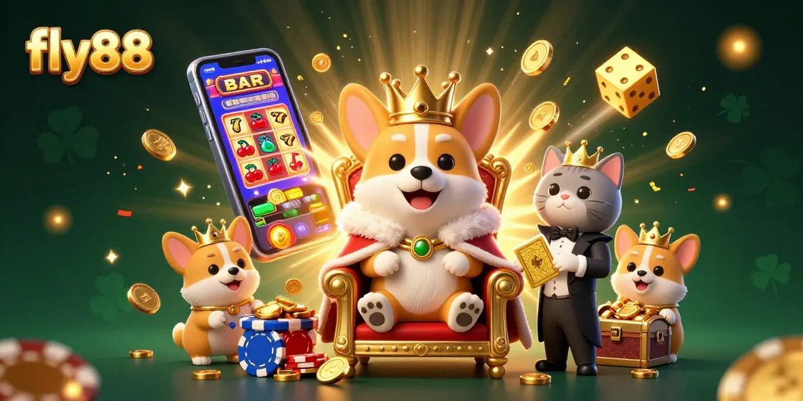 Engage with fly88 on an exciting 3D visual of a royal corgi on a gaming throne amidst vibrant casino elements.