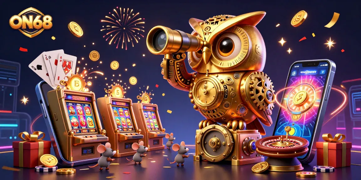 Engage with ON68's vibrant casino scene featuring a golden owl overseeing thrilling slot action.