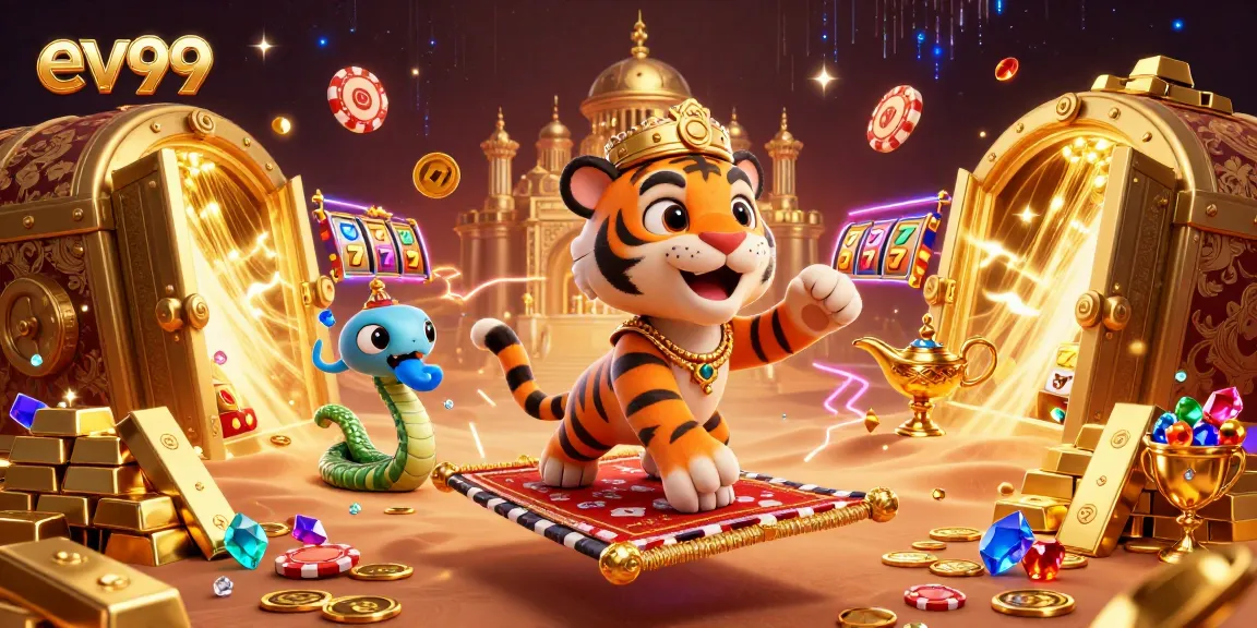ev99 tiger sultan spins casino reels on poker chip carpet, surrounded by treasures