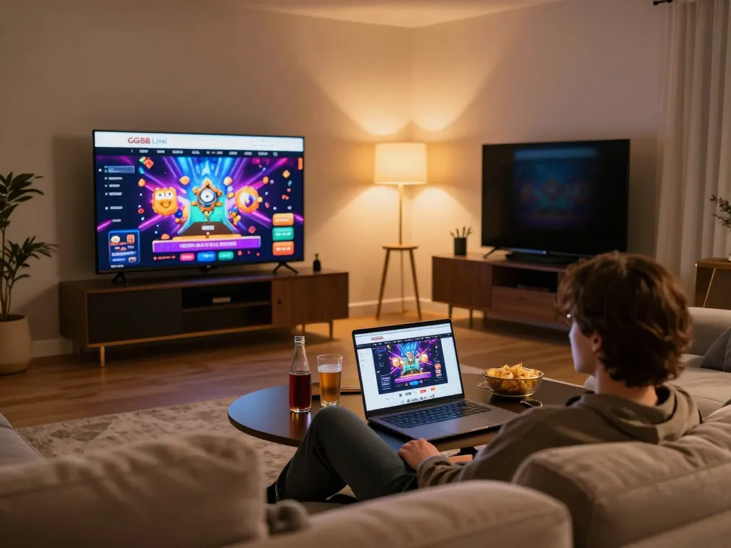 Engaged player navigating GG88 LINK casino games on laptop in cozy home setting