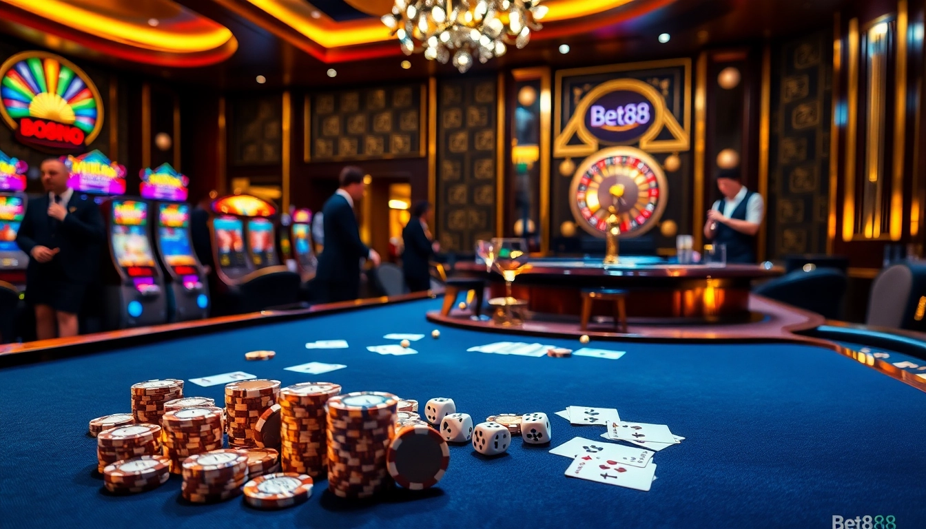 Experience the excitement of Bet88 with luxurious casino visuals, featuring a bustling gaming table and elegant decor.