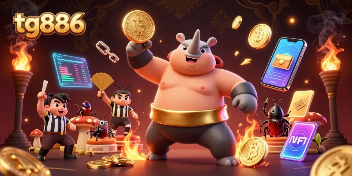 Engage in thrilling bets at tg886 with our sumo beetle champion amidst floating crypto coins and vibrant casino elements.