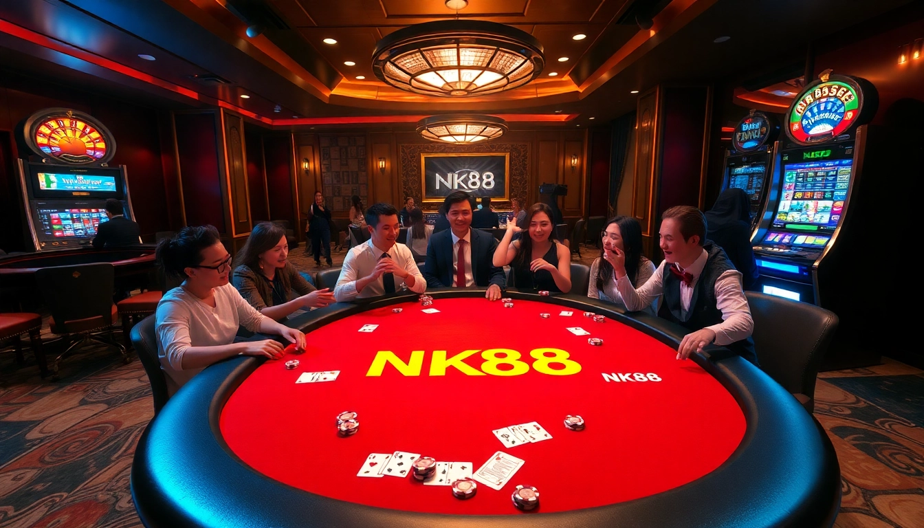 NK88 players strategizing their moves at a vibrant casino poker table.