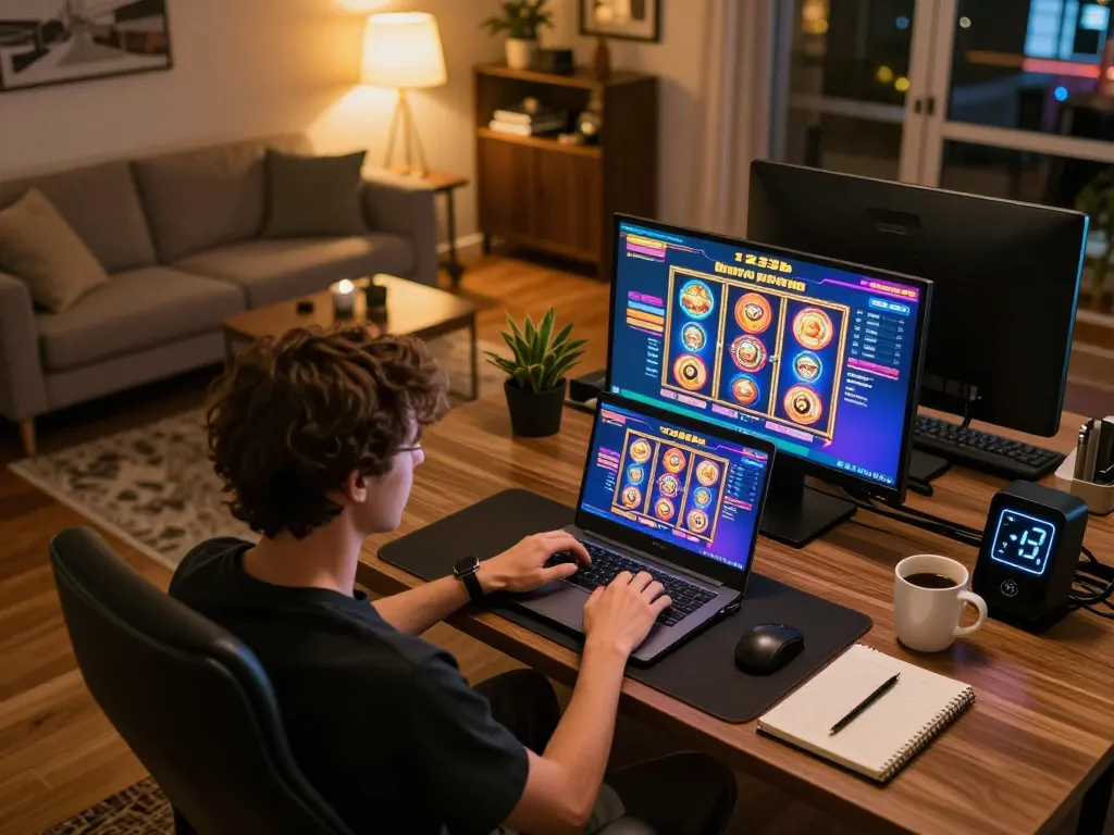 Engaged in a thrilling gaming session on 123b platform from a cozy home setup, showcasing online casino game.