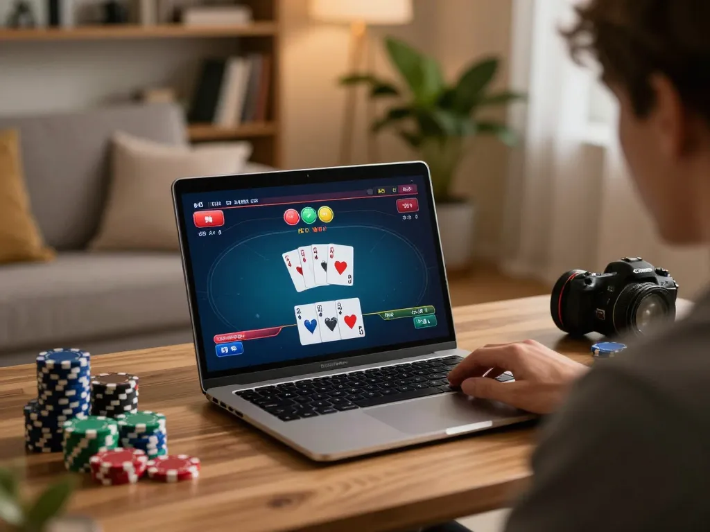 Engage with exciting poker gameplay at phpvip9com ph, showcasing strategic decision-making in a cozy setup.