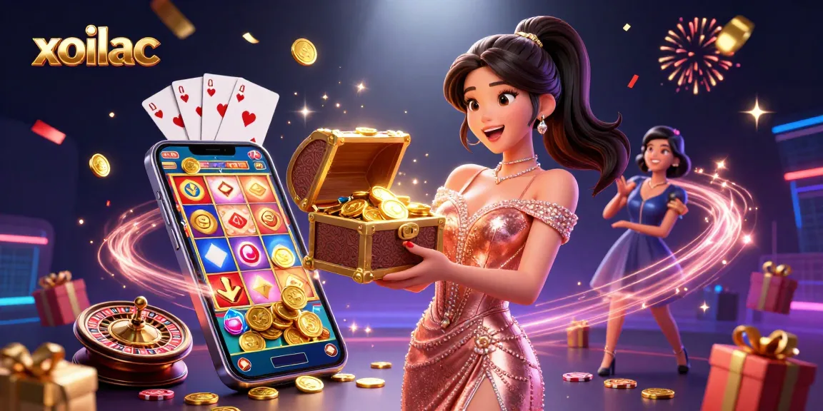 Engage with the thrilling world of xoilac as a glamorous woman reveals hidden treasures in a dazzling casino scene.