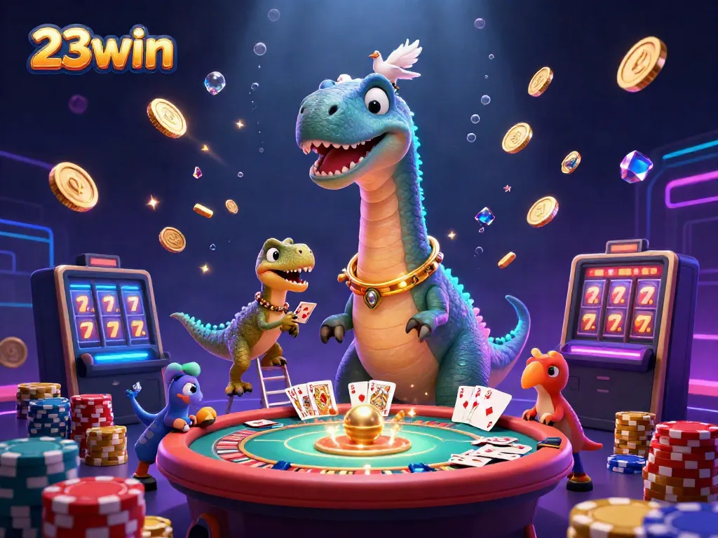 Experience fun and excitement at 23win casino with a 3D illustration capturing a brontosaurus and raptor.