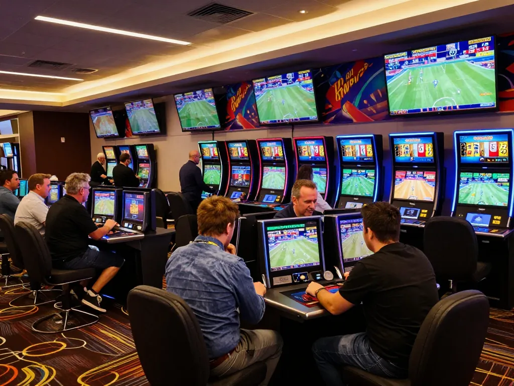 Engaged bettors placing wagers at a sports betting area showcasing debet excitement and dynamic odds.