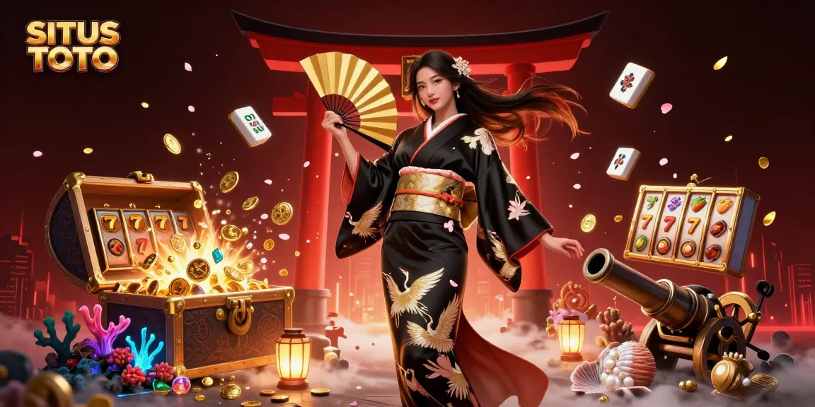 SITUS TOTO presents a vibrant casino scene boasting an elegant woman in kimono, slot reels, and dynamic game elements.