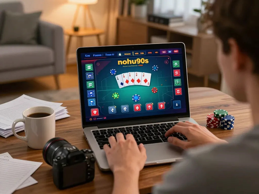Engaging scene of nohu90s poker gameplay at home, player using laptop with strategy notes nearby.