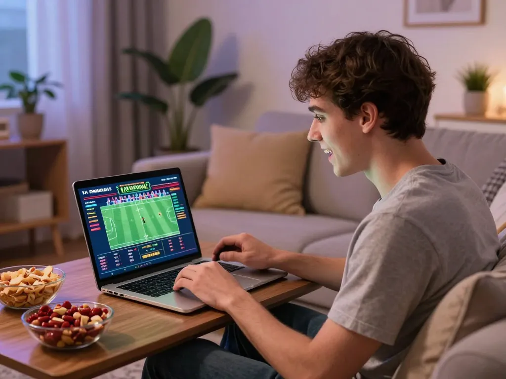 Enjoying mobile sports betting on fun79 com while relaxing at home with snacks and a laptop