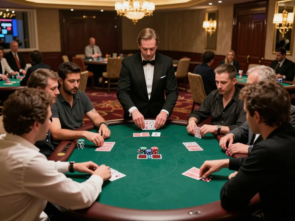Players engaged in a high-stakes poker game at OKKING casino, showcasing competitive spirit and strategy.