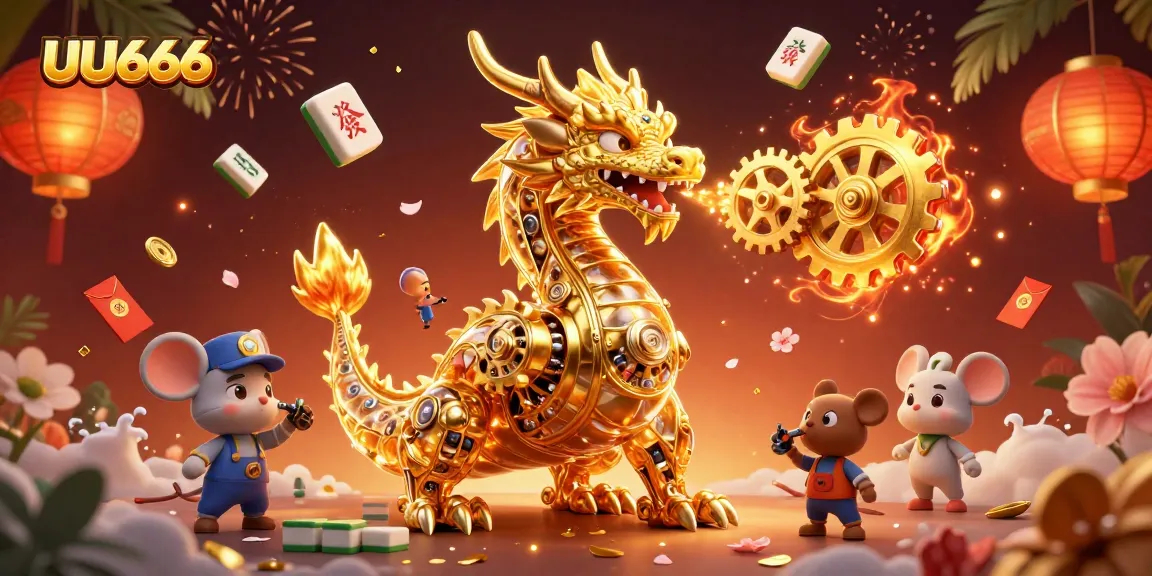 Engage in exhilarating play at UU666 with a striking golden dragon and vibrant casino elements.
