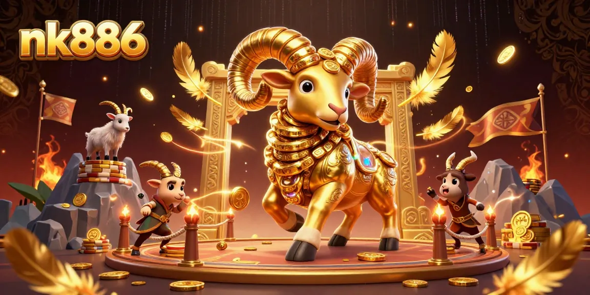 Engage your luck at nk886 with a 3D illustration of a golden ram charging through a casino