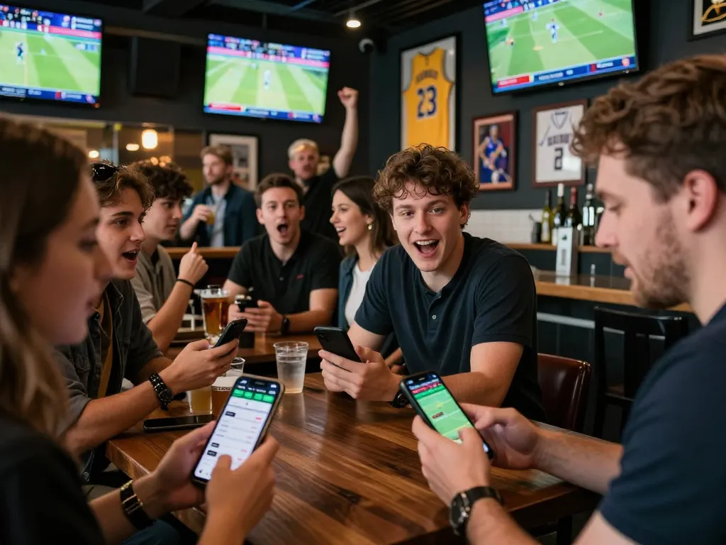 Check live sports scores and ผลบอล betting options on a smartphone in a bustling sports bar