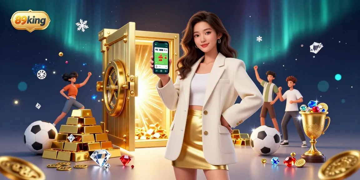 Engage with 89king's thrilling sports betting experience, presented by friendly Asian woman showcasing a betting app.