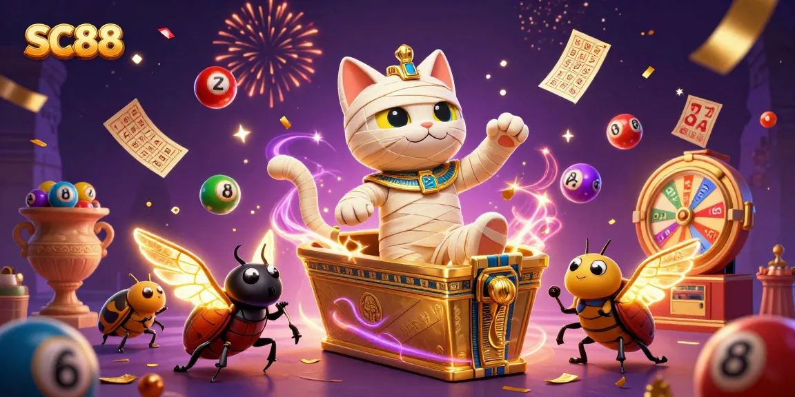 SC88 showcases an energetic digital illustration of a mummy cat and scarab beetle celebrating casino wins.