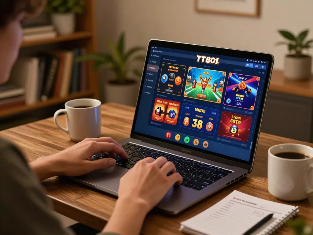 Person playing TT88 online casino on a laptop, showcasing engaging game interface.