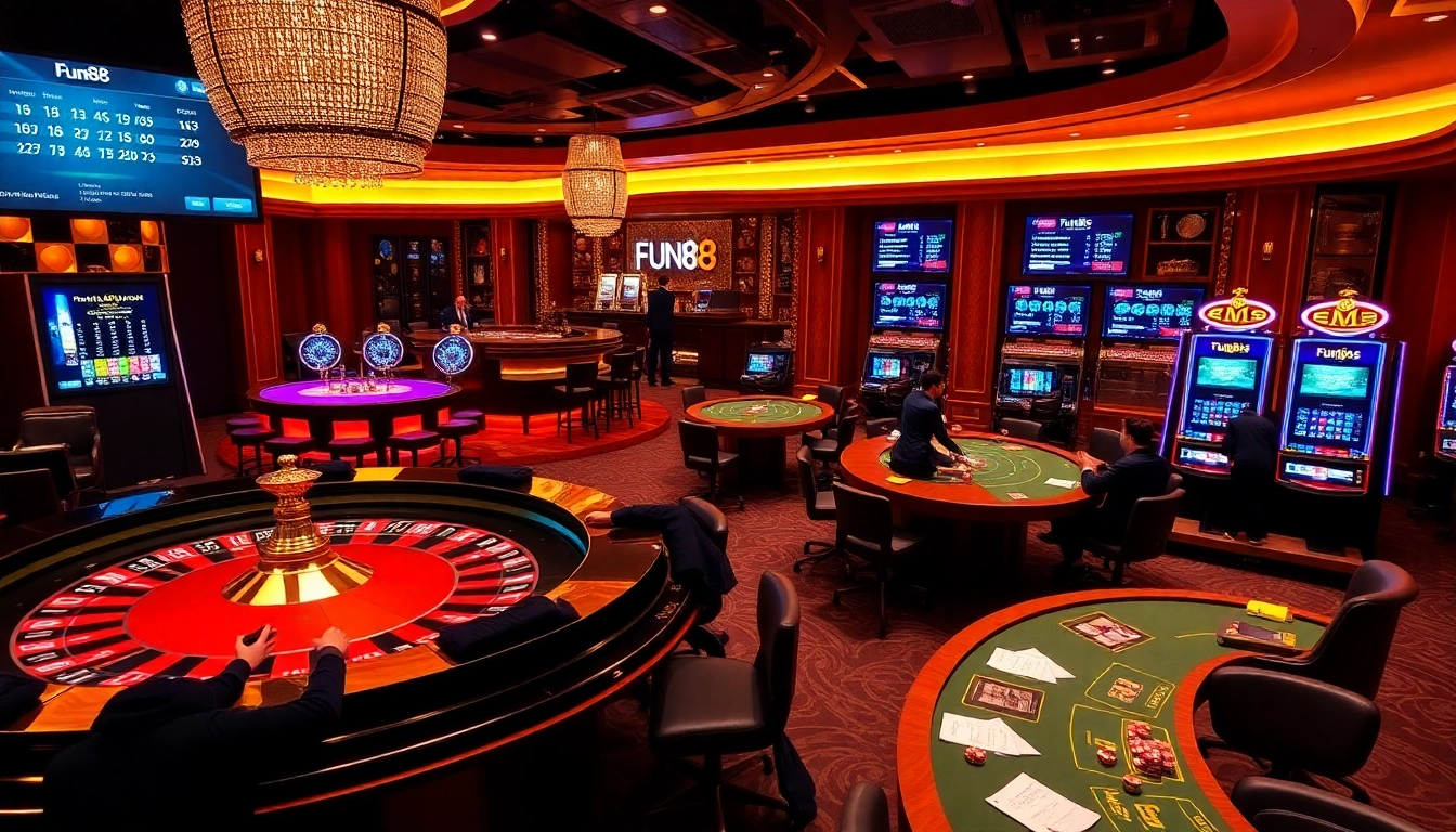 Engage with Fun88's vibrant casino atmosphere featuring roulette wheels and poker tables.