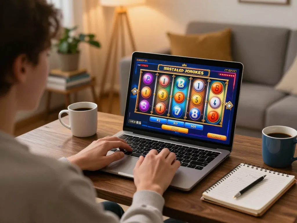 Player enjoying a thrilling fly88 slot game on laptop in a cozy home environment