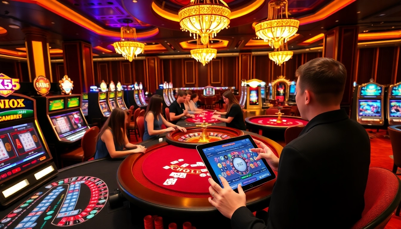 Players enjoy the exhilarating KK55 casino experience at lively gaming tables and slot machines.