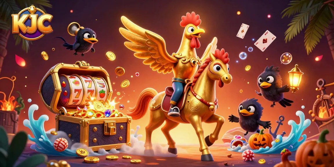 KJC showcases a vibrant casino scene with a golden rooster and festive elements, enticing players to join.