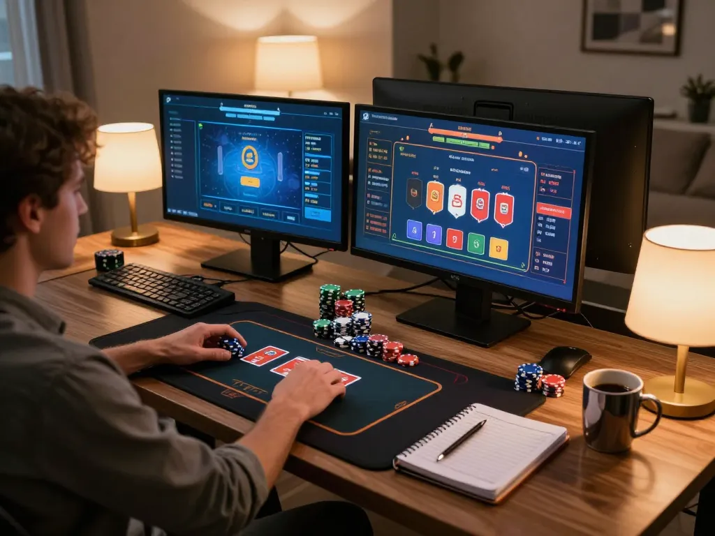 Player using hd88 online casino platform on multiple screens at home with engaging games and strategic notes