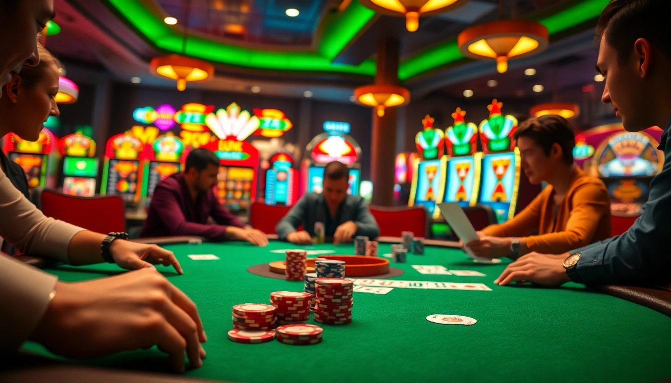 LUCK8 players strategizing at a poker table with vibrant slot machines in the background.
