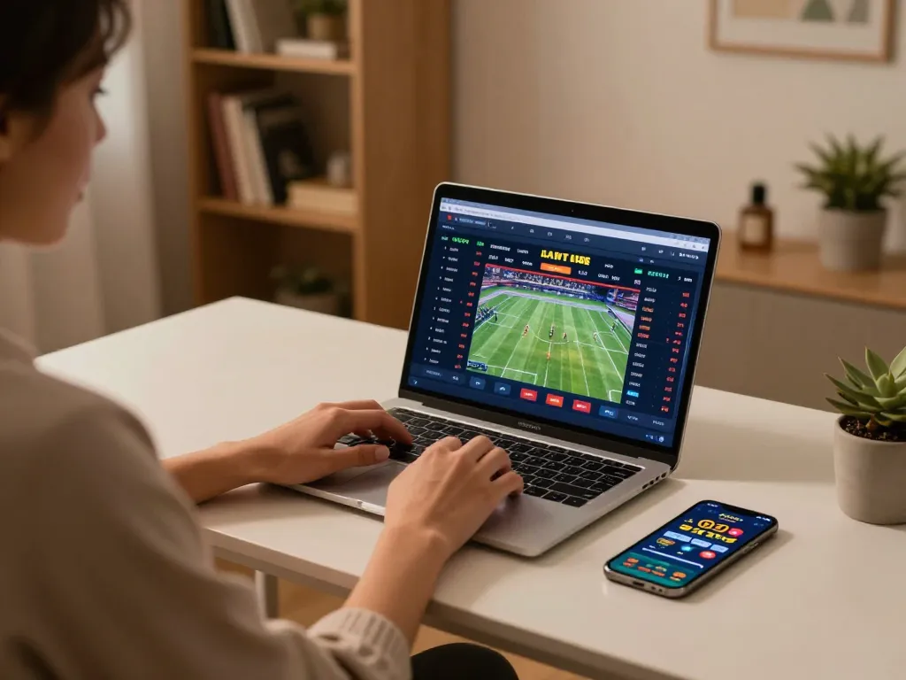 Engaging in live betting on sports with ty le keo nha cai displayed on screen in a cozy home setting.