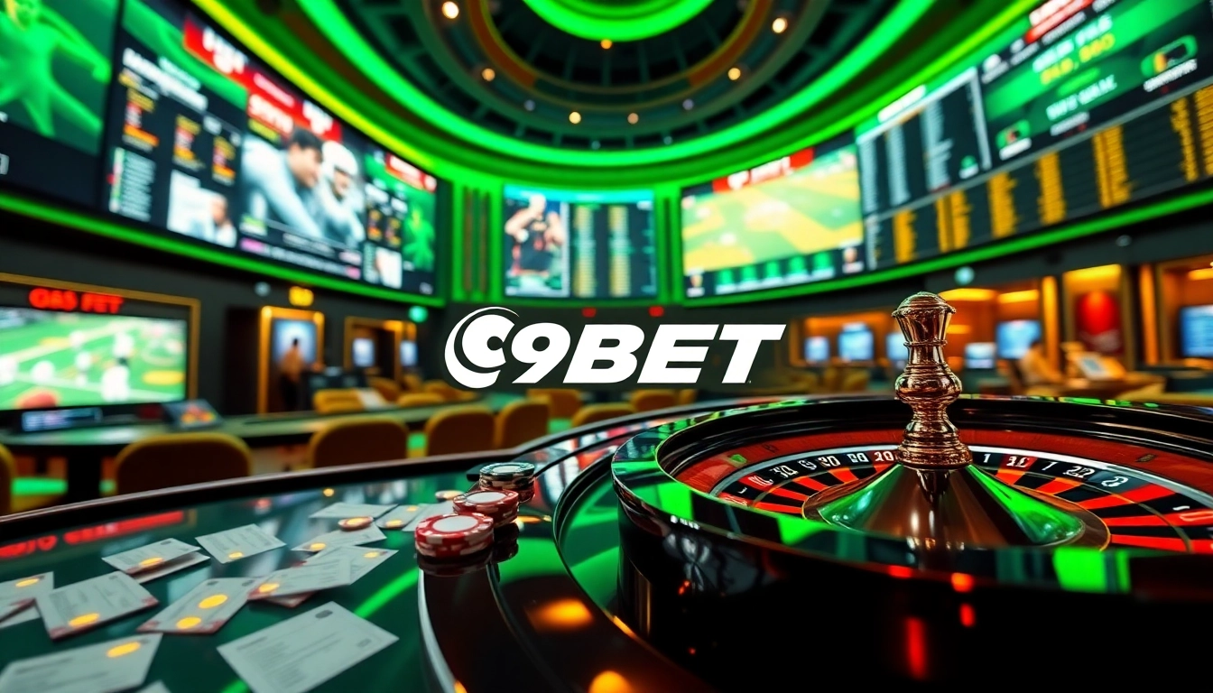 Winning excitement at 9BET featuring poker chips and a roulette wheel in a vibrant casino scene.
