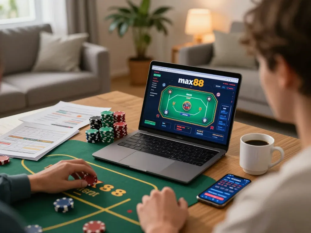 Engaging in max88 poker online gaming at home, showcasing strategic betting environment.