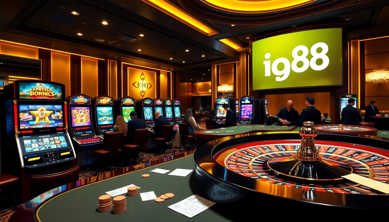 Experience thrilling games at iq88's luxurious casino featuring slot machines and roulette.