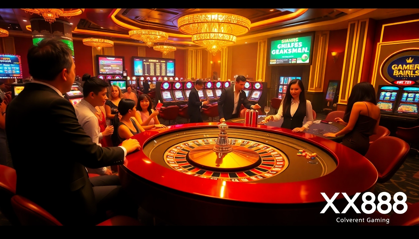 Gamblers at a roulette table celebrating their wins at XX88's upscale casino environment.