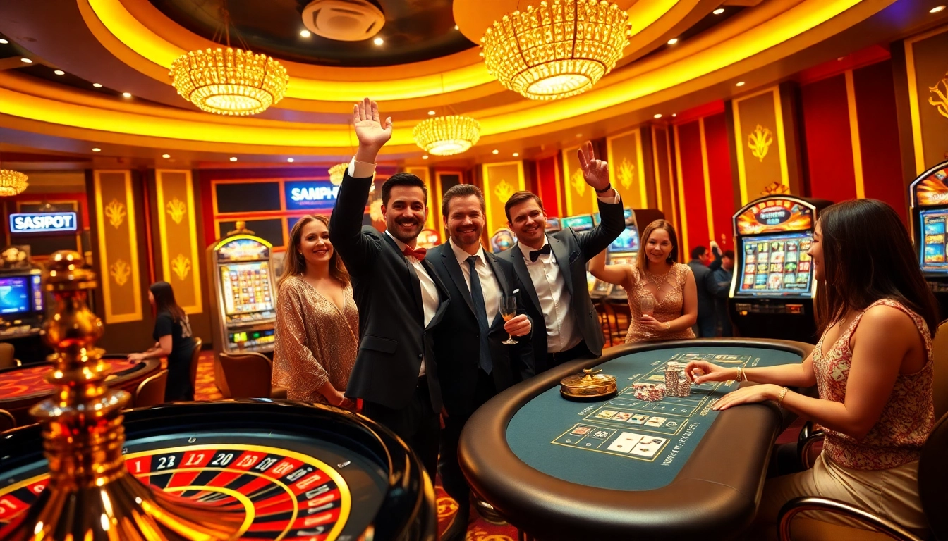 Experience the excitement of a lucky win at a vibrant casino, highlighting slot machines and poker games.