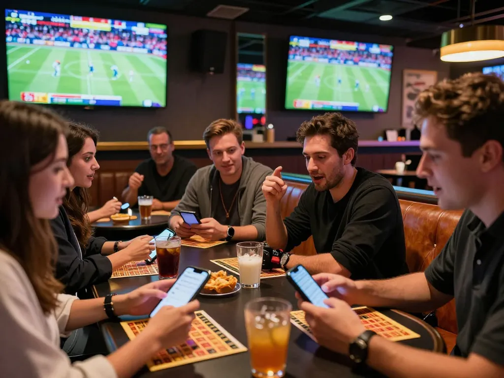 Group of friends strategizing bets at fabet sports betting lounge during an exciting game.