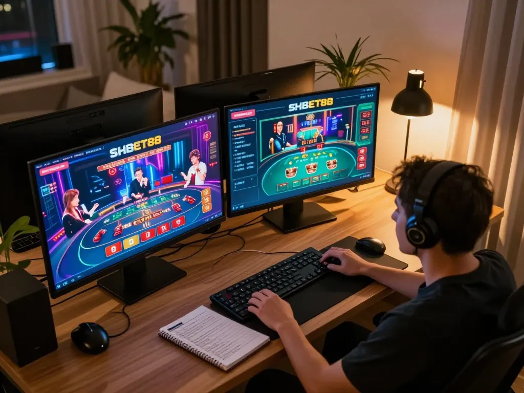 Engaged player using SHBET88's casino interface during an online gaming session at home.