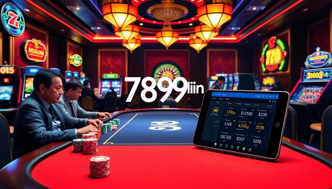 Experience the thrill of winning at 789win with an exciting casino setting, showcasing poker games and slot machines.