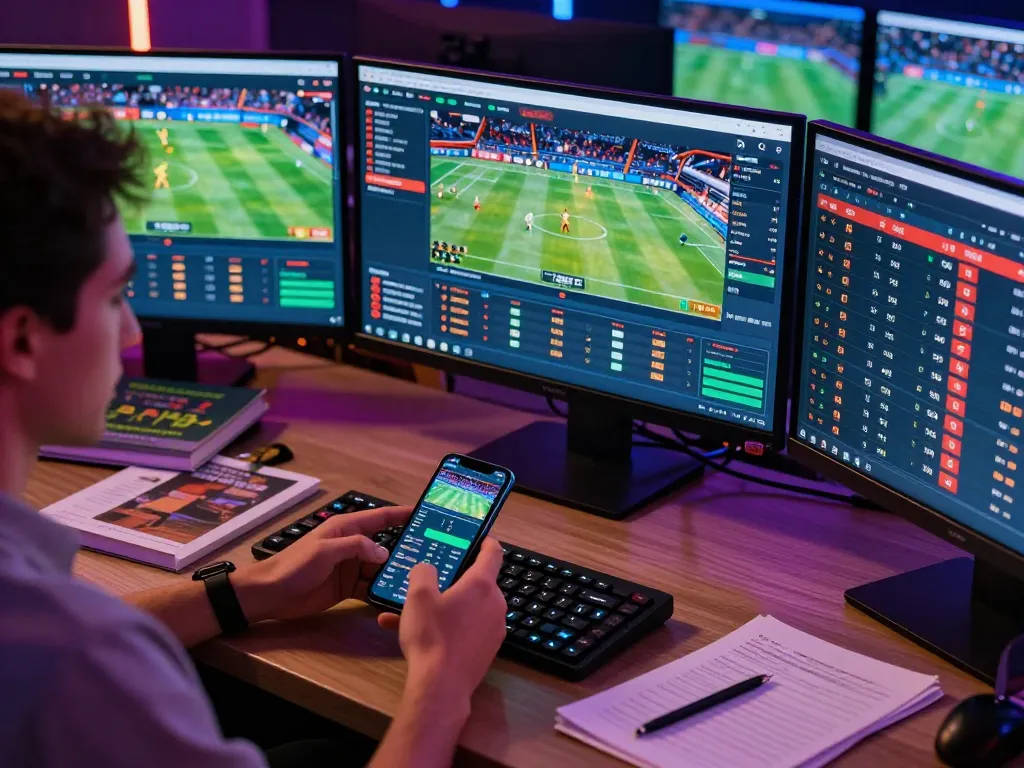 tip88 user engaged in live sports betting while analyzing odds on smartphone and multiple screens