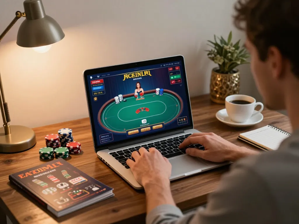 Engaging in online casino gameplay at home with 789WIN on laptop, focusing on strategy.