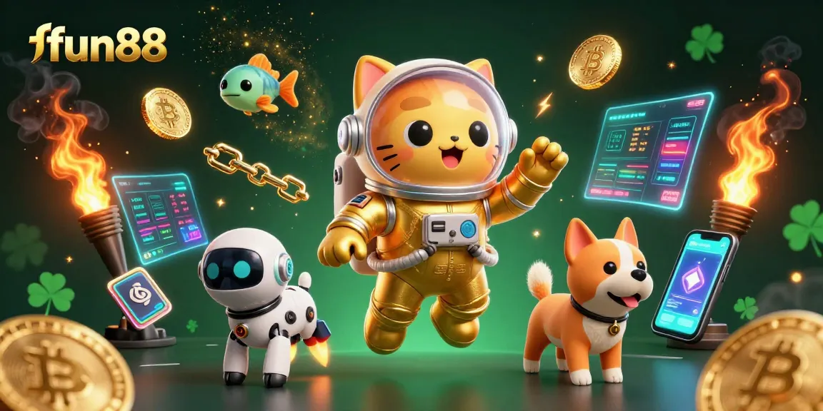 Experience fun88's thrilling casino adventures with an astronaut cat and robot dog amidst vibrant digital gold.