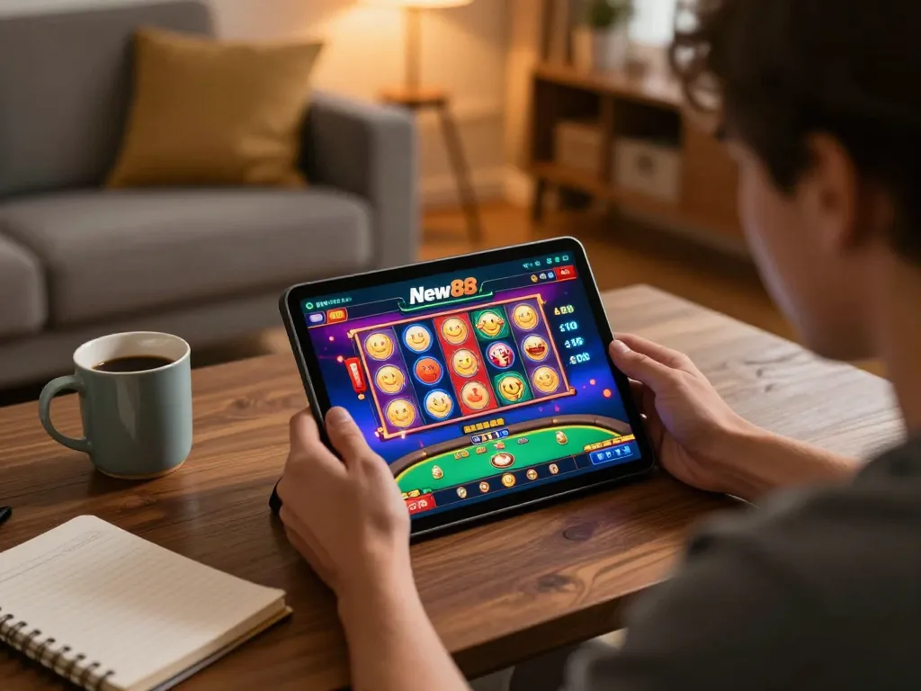 Player engaging with the New88 app on a tablet in a cozy home setting.