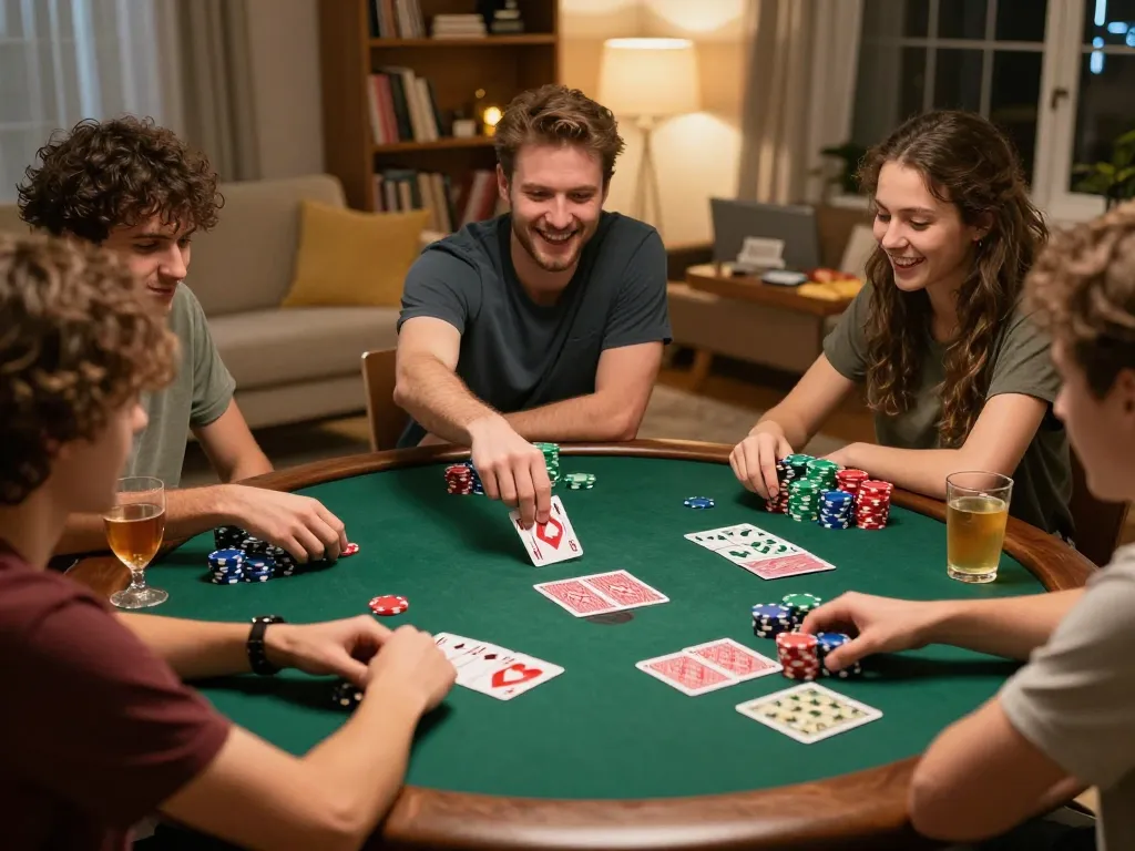 Friends enjoy an exciting poker night at home, displaying the engaging atmosphere of ga8888 gaming.