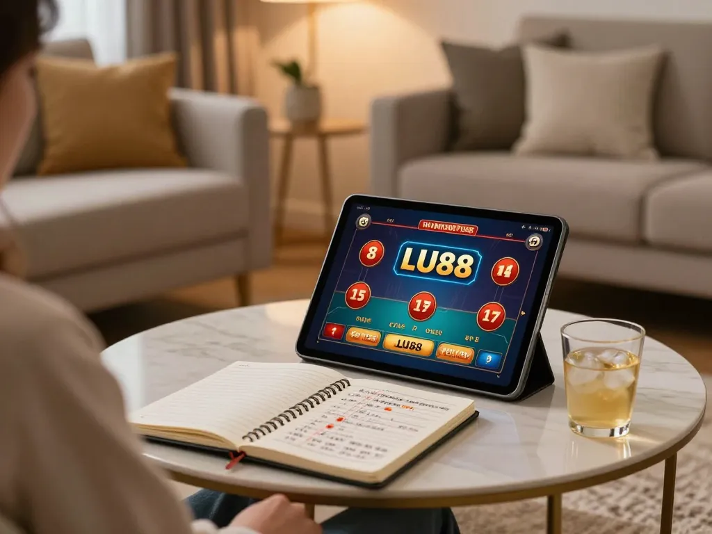 Player enjoying LU88 games on a tablet at home, with personal strategy notes beside them.