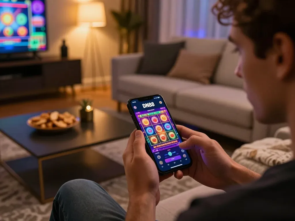 Player enjoying the DN88 app for online slot gaming in a cozy living room setup