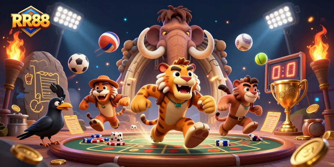 Engage in thrilling casino action with RR88's energetic 3D cartoon cavemen and sports elements.