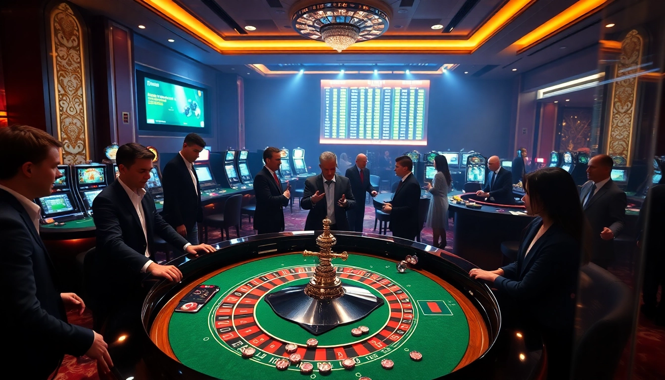 Experience the excitement of gambling at https://thabet77.sa.com/ with a vibrant casino scene showcasing roulette and happy players.